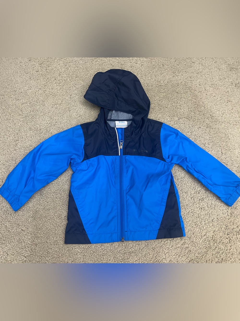Columbia Navy and Bright Blue Hooded Kids Raincoat 3T